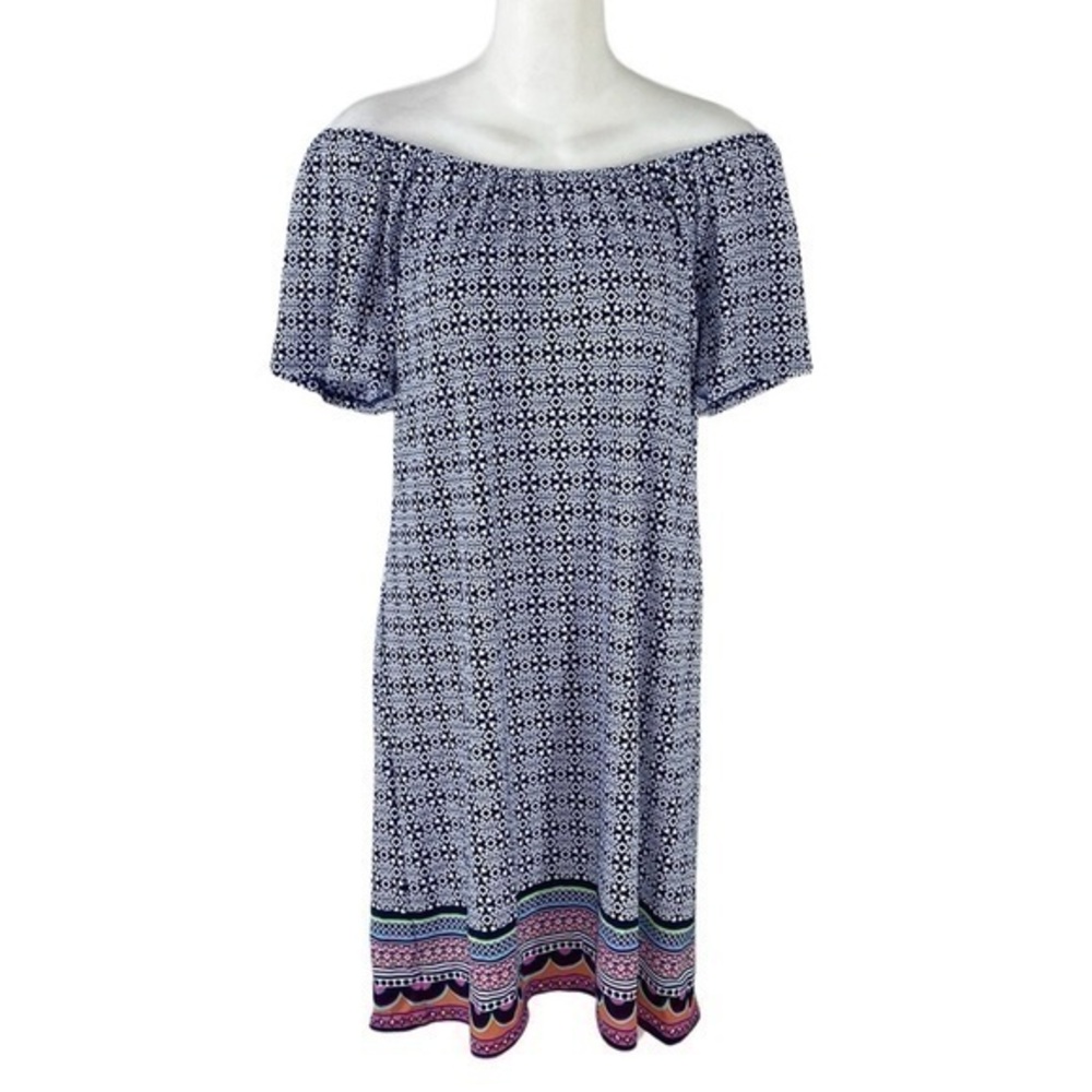 Jude Connally navy blue white printed off shoulder multicolor hem dress medium M